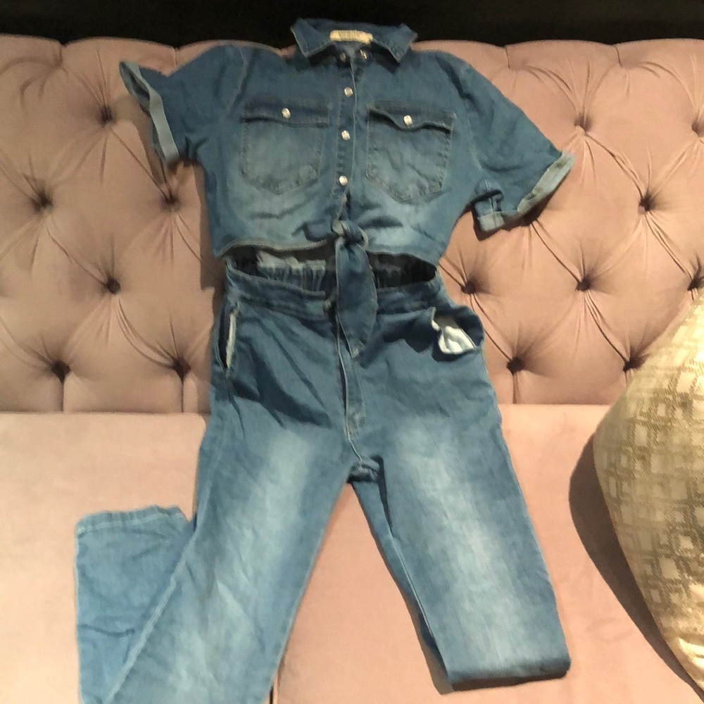 Mebon Jean jumpsuit with tie cutout front in M